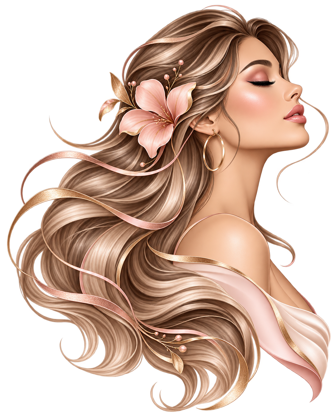 Elegante Illustration einer Frau mit langem, gepflegtem Haar und Blüte im Haar